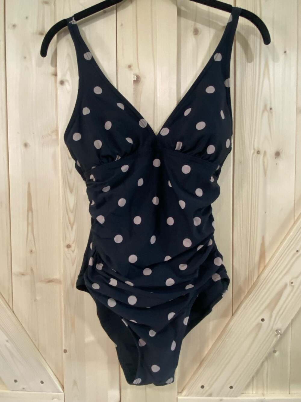 DKNY Black and Taupe Polka Dot Ruched One-Piece Swimsuit 4